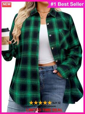Plus Size Flannel Shirt Plaid Button Down Long Sleeve Cotton Blend